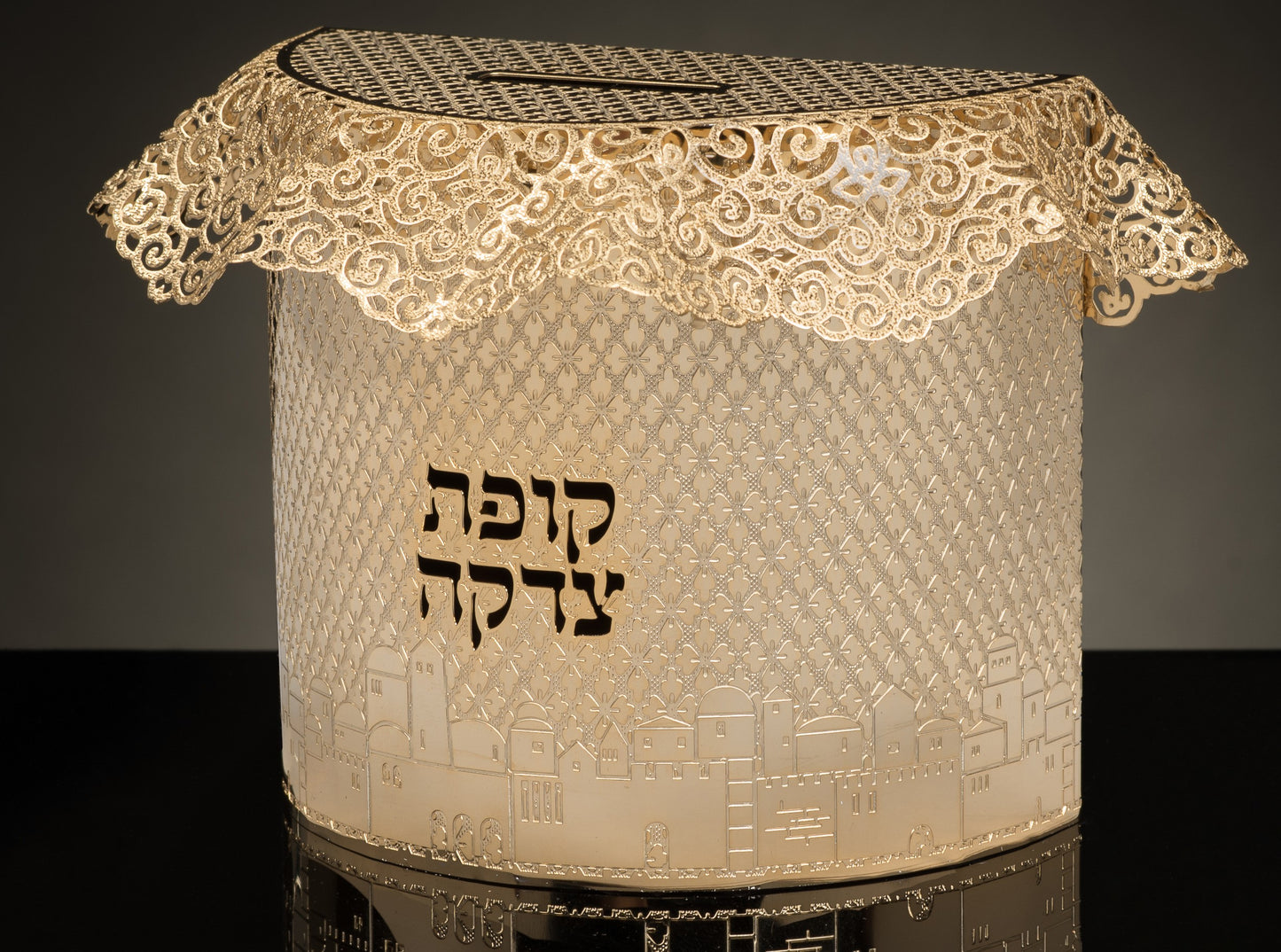 Tzedakah Box 24 k gold Plated By Jerusalem Impressions 4x4x2" 1/8x 1 5/8 "