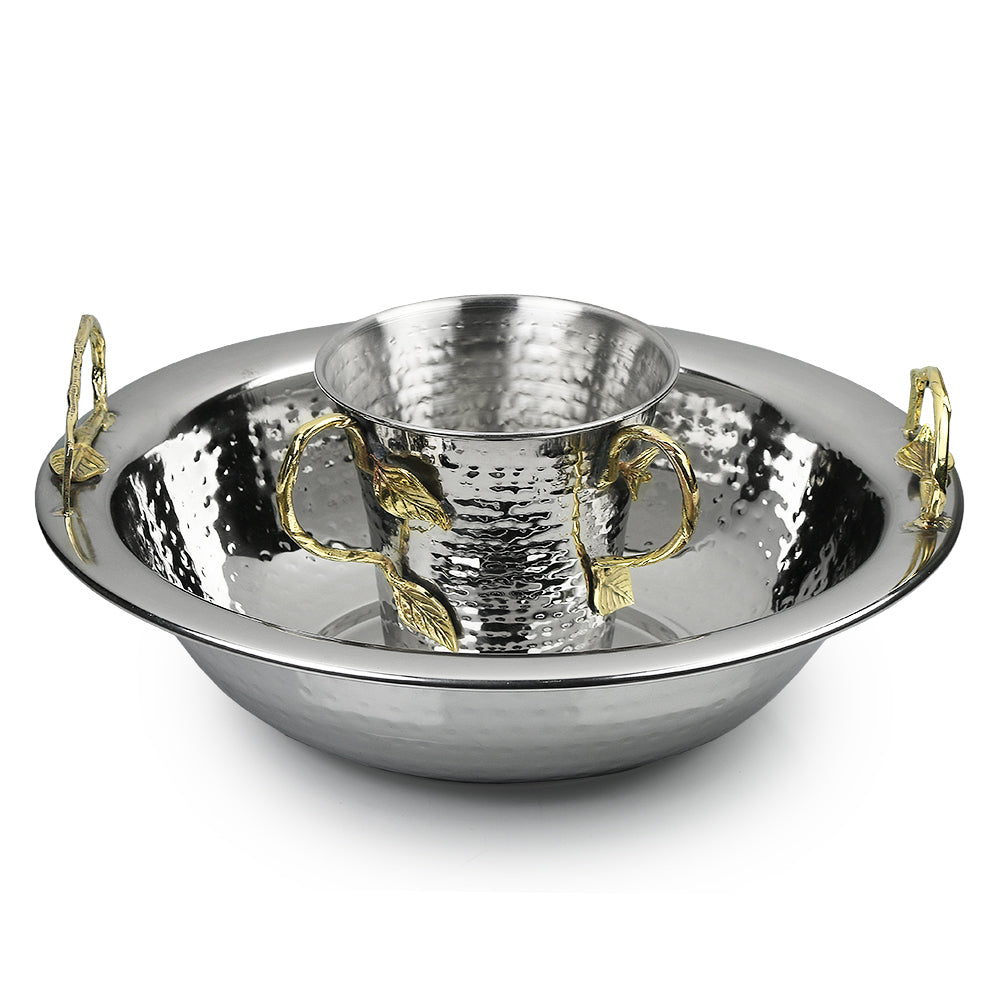 Washing Cup and Bowl Hammered Brass Leaf Handle Set