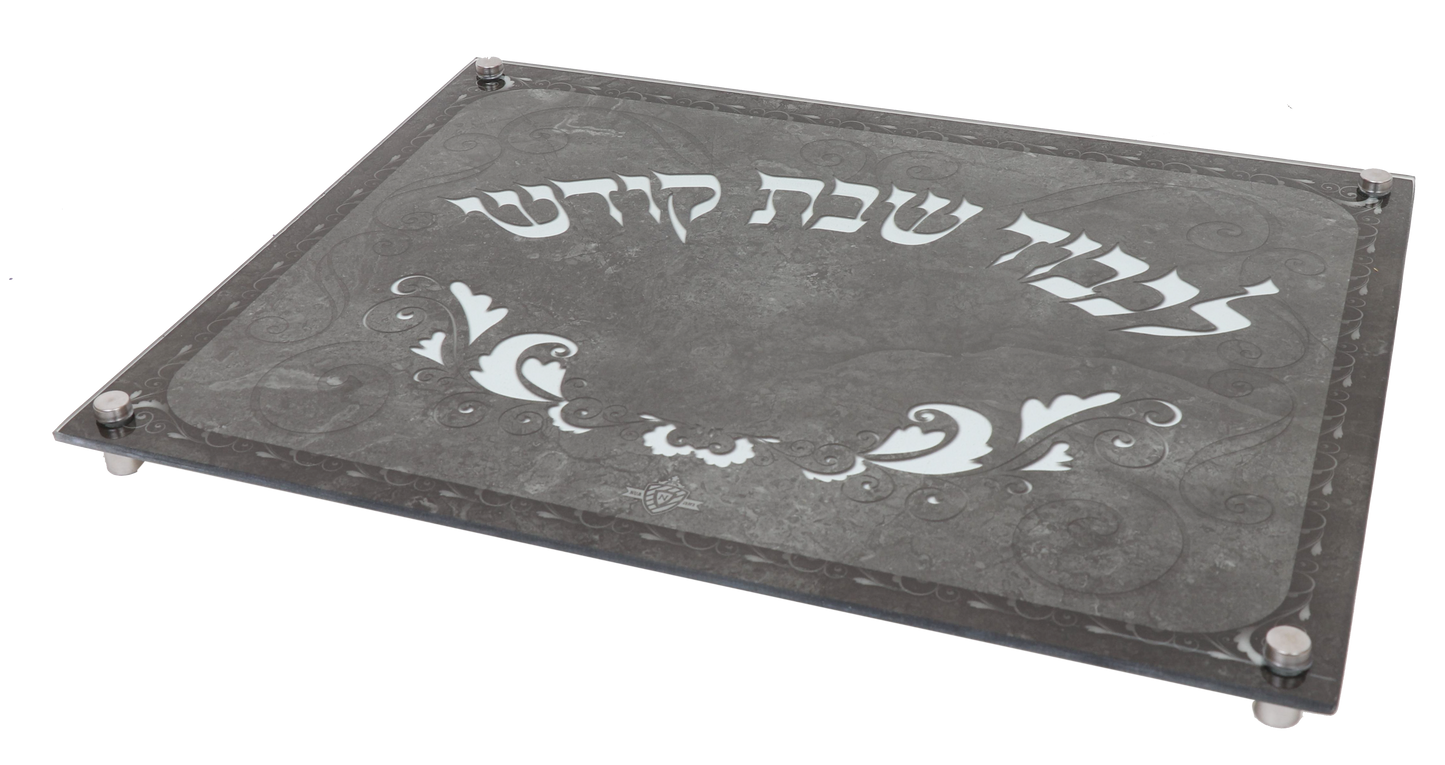 Glass Challah board gray marble with legs 12x16"