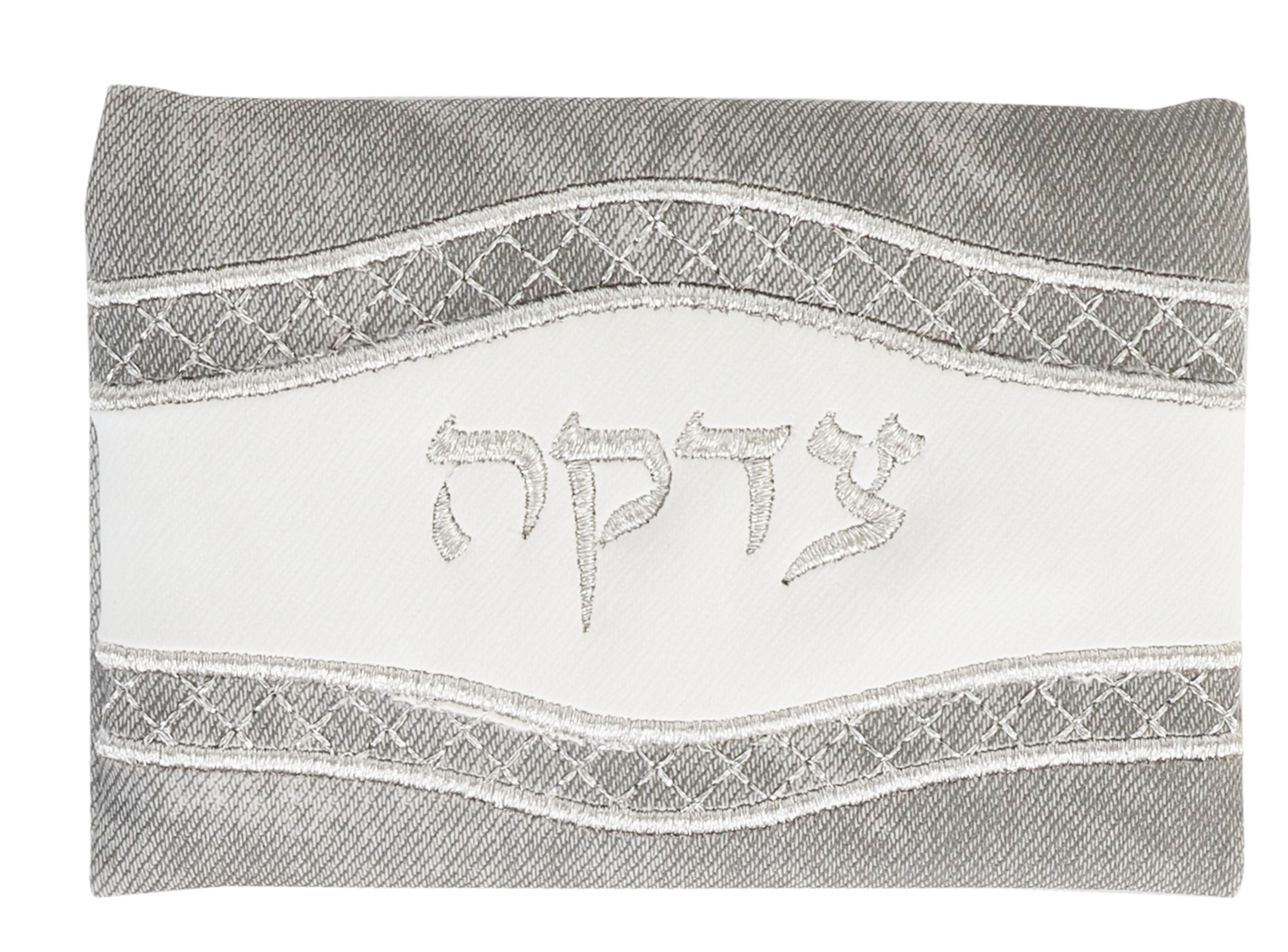 Tzedakah Bag Leather Look Grey &White 3.5 x5 "