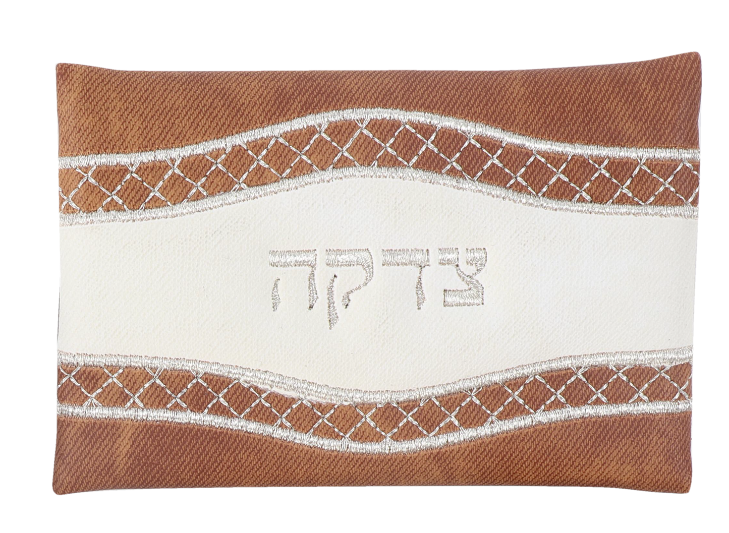 Tzedakah Bag Leather Look Brown & White 3.5 x5 "