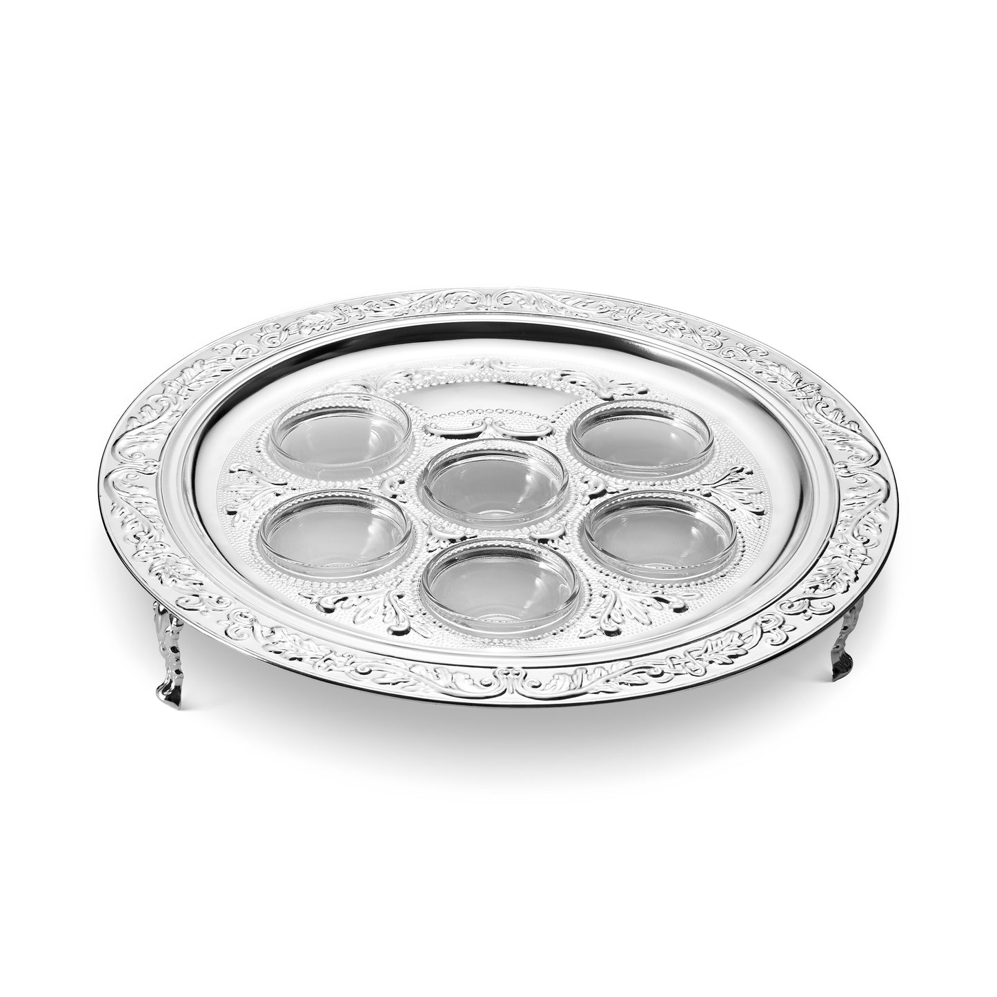 Silver Plated Seder Plate with Legs 3"H x 15.5"W 6 Glass Liners Included