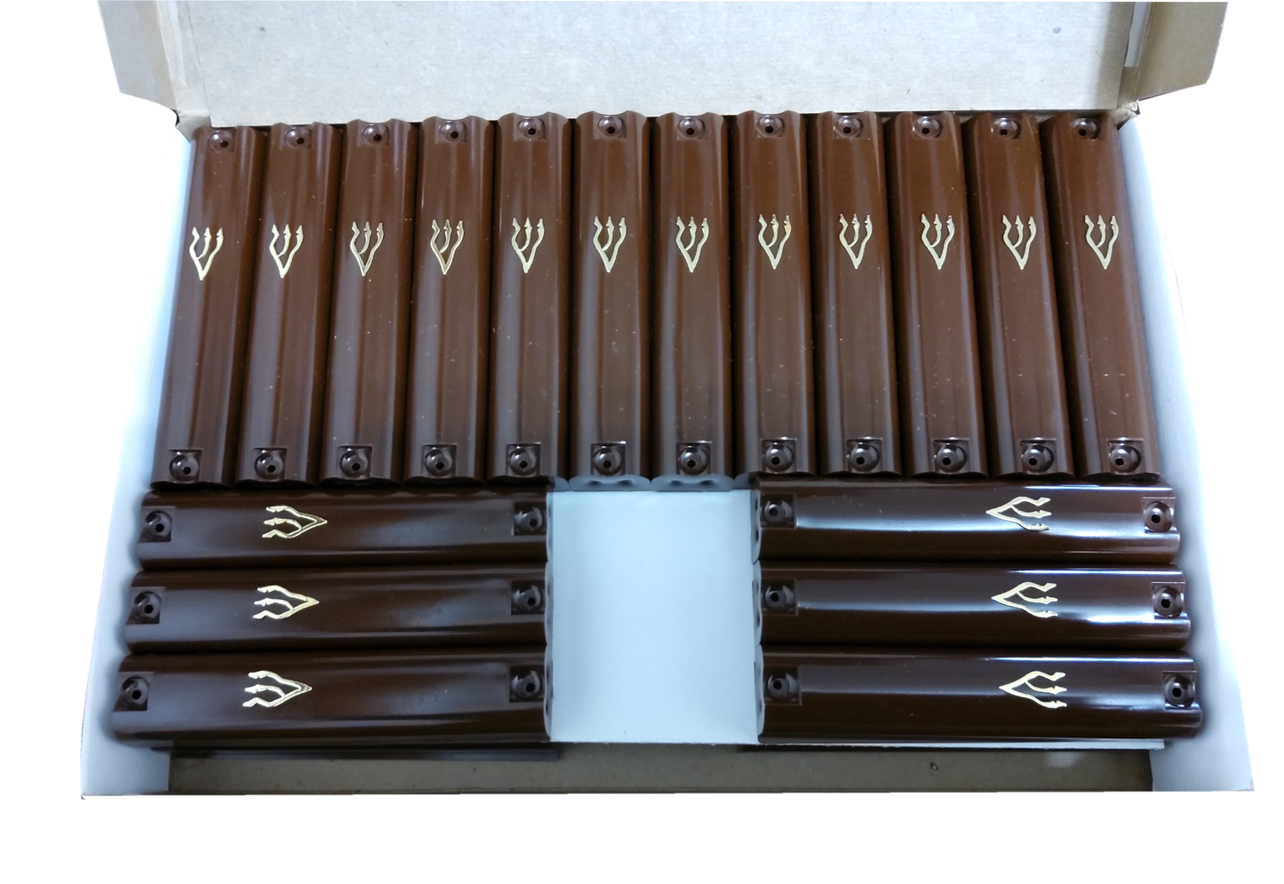Case Of 36 Brown Plastic Mezuzah Covers-Gold 'Shin 7 Cm