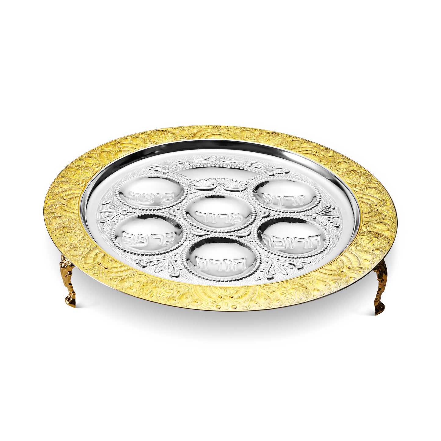 Seder Plate Filigree Gold & Silver Plated With Leg 3" H 15.5 W "