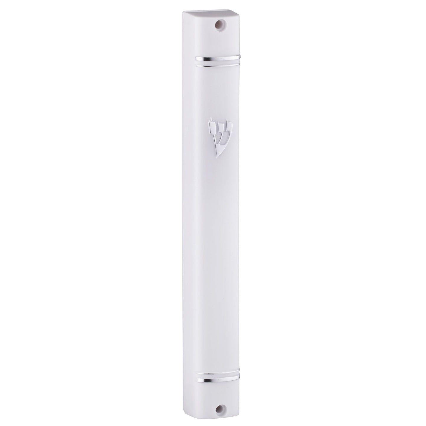 Plastic Mezuzah White With Back Opening Silver Shin 12cm