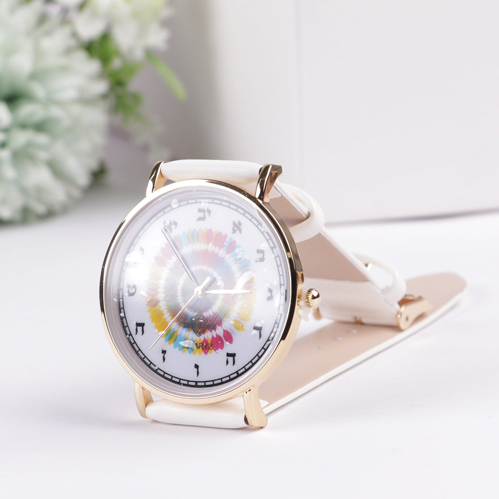 Watch - with Aleph Bais" White Handle Green Designed face Gold rim