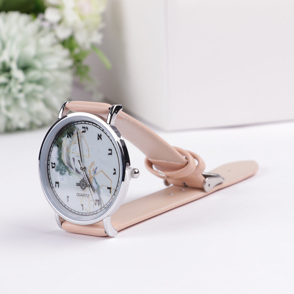 Watch - with Aleph Bais" Pink Handle Green Designed face Silver rim