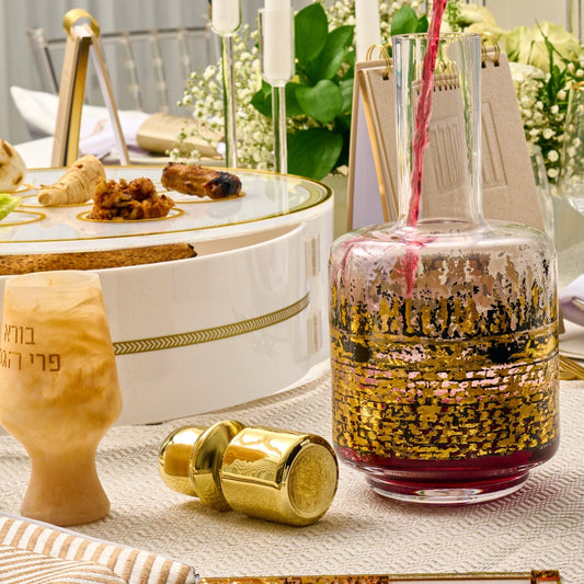 Kosel at Winter Wine Decanter with gold Jerusalem Western Wall artwork, elegant glass Judaica wine carafe for Shabbat, Yom Tov, and Passover Seder table decor.