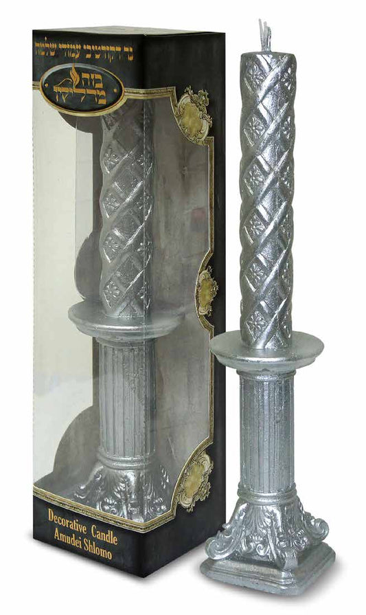 Decorative Havdalah Candle Amudei Shlomo Silver On Silver Pole 2.5x2.5 x 11" h