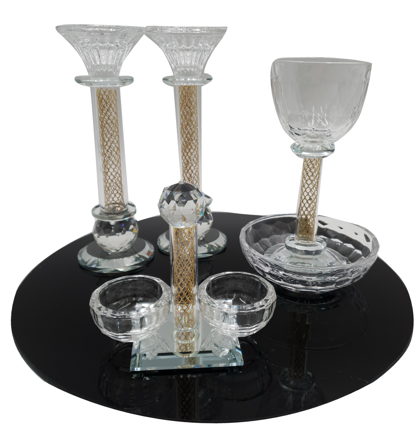 Set Of Crystal Candle Holder with Kiddush Cup and Salt Holder