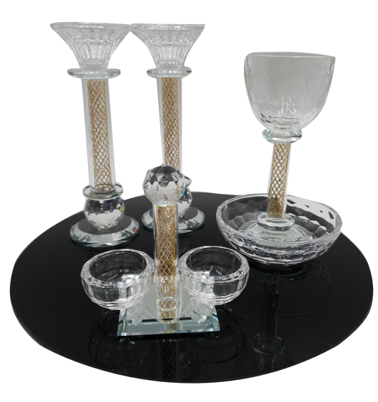 Set Of Crystal Candle Holder with Kiddush Cup and Salt Holder