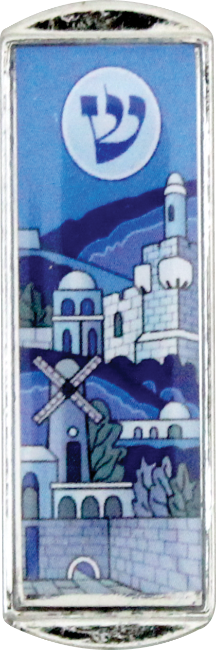 Nickel And Epoxy Mezuzah For Car 5cm-"jerusalem" Shades Of Blue