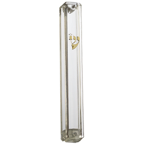 Clear Plastic Mezuzah Waterproof - Gold Shin (28281) 12 Cm