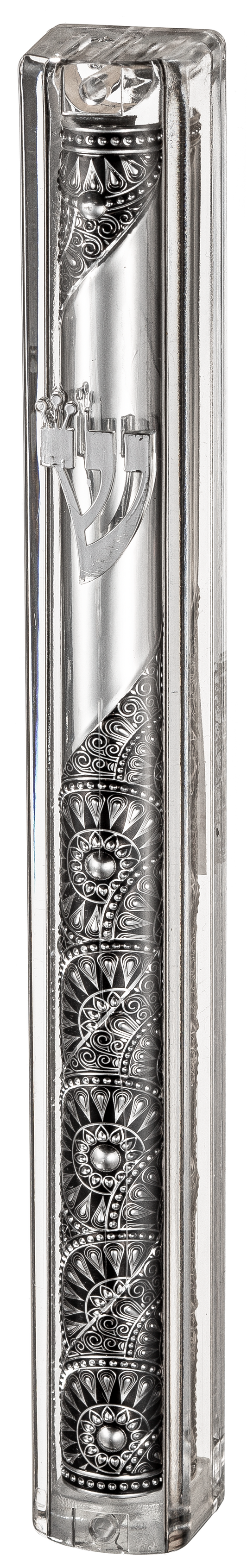Transparent Plastic Mezuzah with Rubber Cork 12 cm- with the letter Shin and Plaque