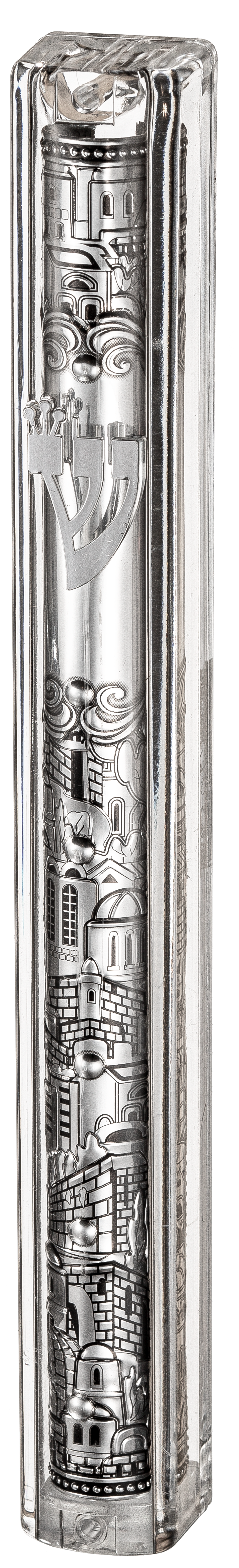 Transparent Plastic Mezuzah with Rubber Cork 12 cm- with the letter Shin and Plaque