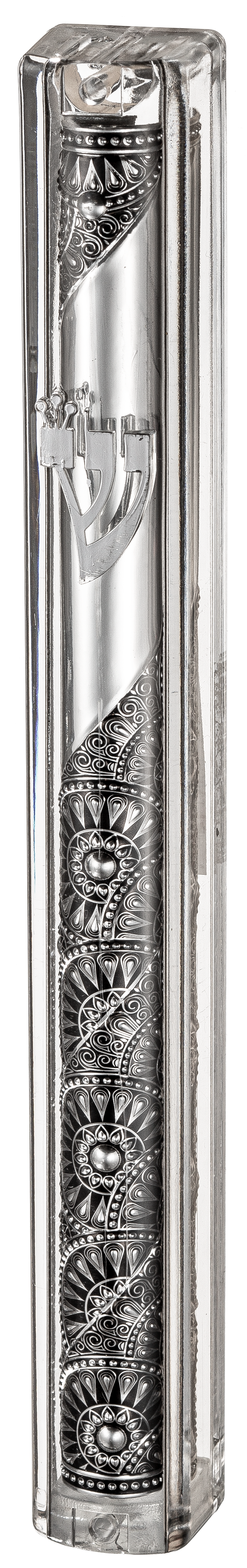 Transparent Plastic Mezuzah with Rubber Cork 20 cm- with the letter Shin and Plaque
