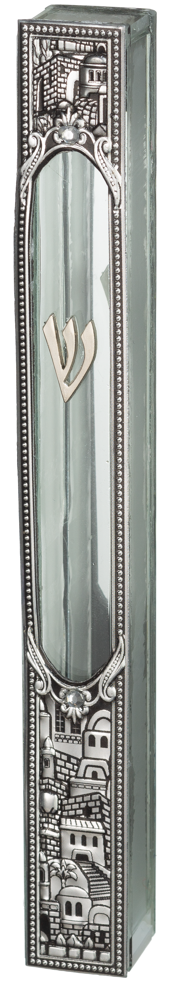 Glass Mezuzah with Jerusalem Metal Plaque 20 cm