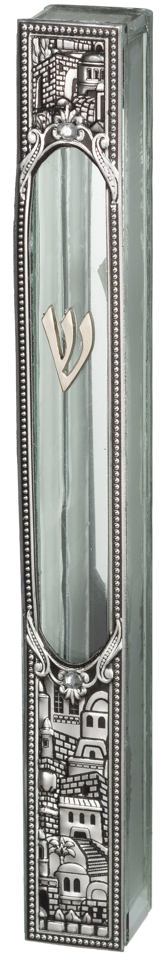 Glass Mezuzah with Jerusalem Metal Plaque 20 cm