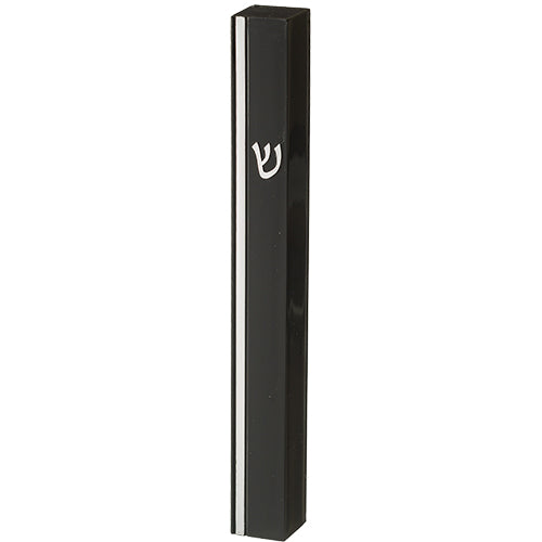 Black Plastic Mezuzah 15 cm - Silver SHIN & Stripe with Rubber Cork