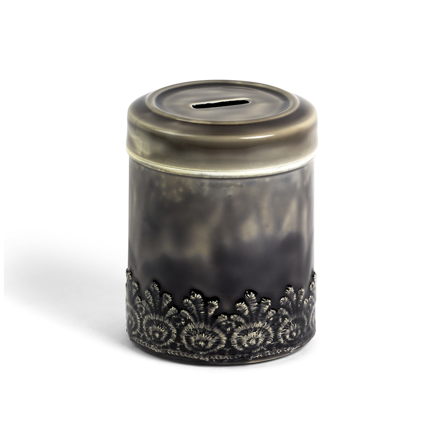 Tzedakah Box Metal Round Silver Flower Design 5.5"