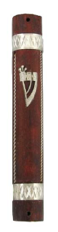 Wood Mezuzah Metal Stripe - 10 Cm