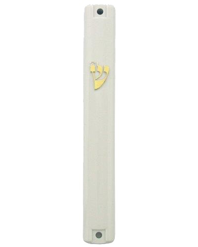 White Plastic Mezuzah Waterproof - Gold Shin 15 Cm