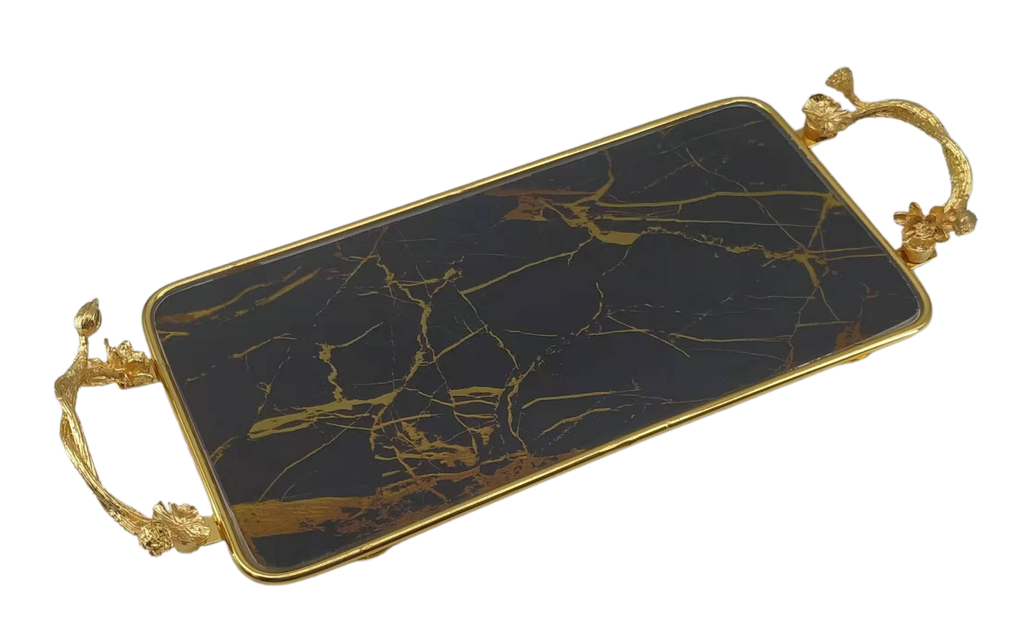 Rectangle Black & Gold Glass Marble Tray  15"x30"