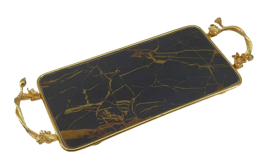 Rectangle Black & Gold Glass Marble Tray  15"x30"