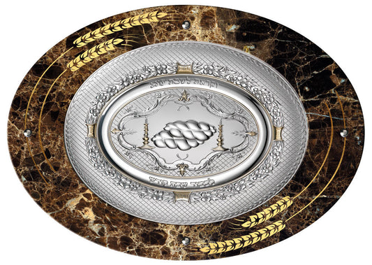 Camilletti Oval Challah Tray With 925 sp Silver & Gold 19.7x14.20" VENGÈ Gold Barley Design