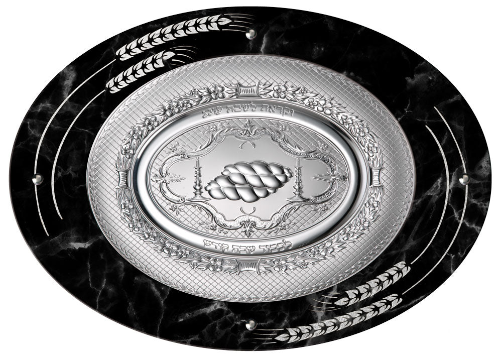 Camilletti Oval Challah Tray With 925 sp Silver 19.7x14.20" Black Marble With Silver Barley Design