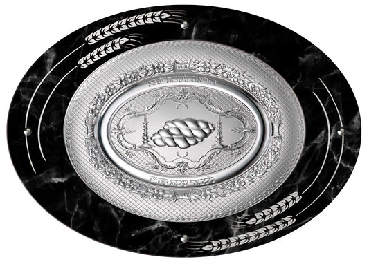 Camilletti Oval Challah Tray With 925 sp Silver 19.7x14.20" Black Marble With Silver Barley Design