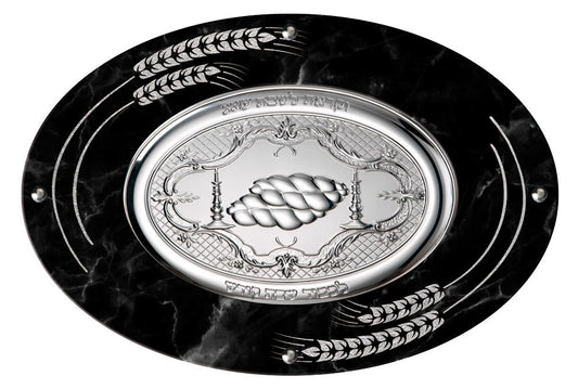 Camilletti Oval Challah Tray With 925 sp Silver 15.75X10.65" Black Marble With Silver Barley Design