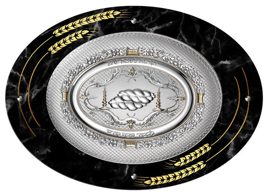 Camilletti Oval Challah Tray With 925 sp Silver 15.75x10.65" BLACK Marble With Gold Barley Design