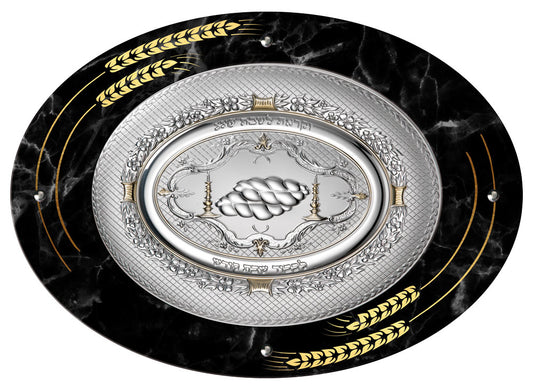 Camilletti Oval Challah Tray With 925 sp Silver 19.7x14.20" BLACK Marble With Gold Barley Design
