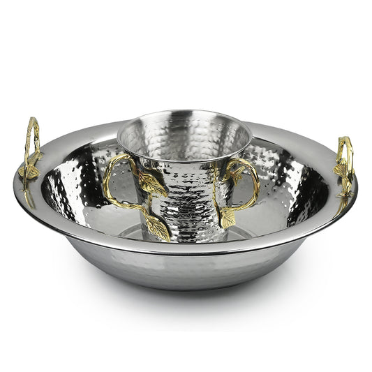 Washing Cup and Bowl Hammered Brass Leaf Handle Set