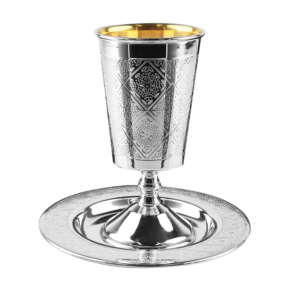 Kiddush Cup Set  Diamond Design 925 Silver Coated - With Leg 5"