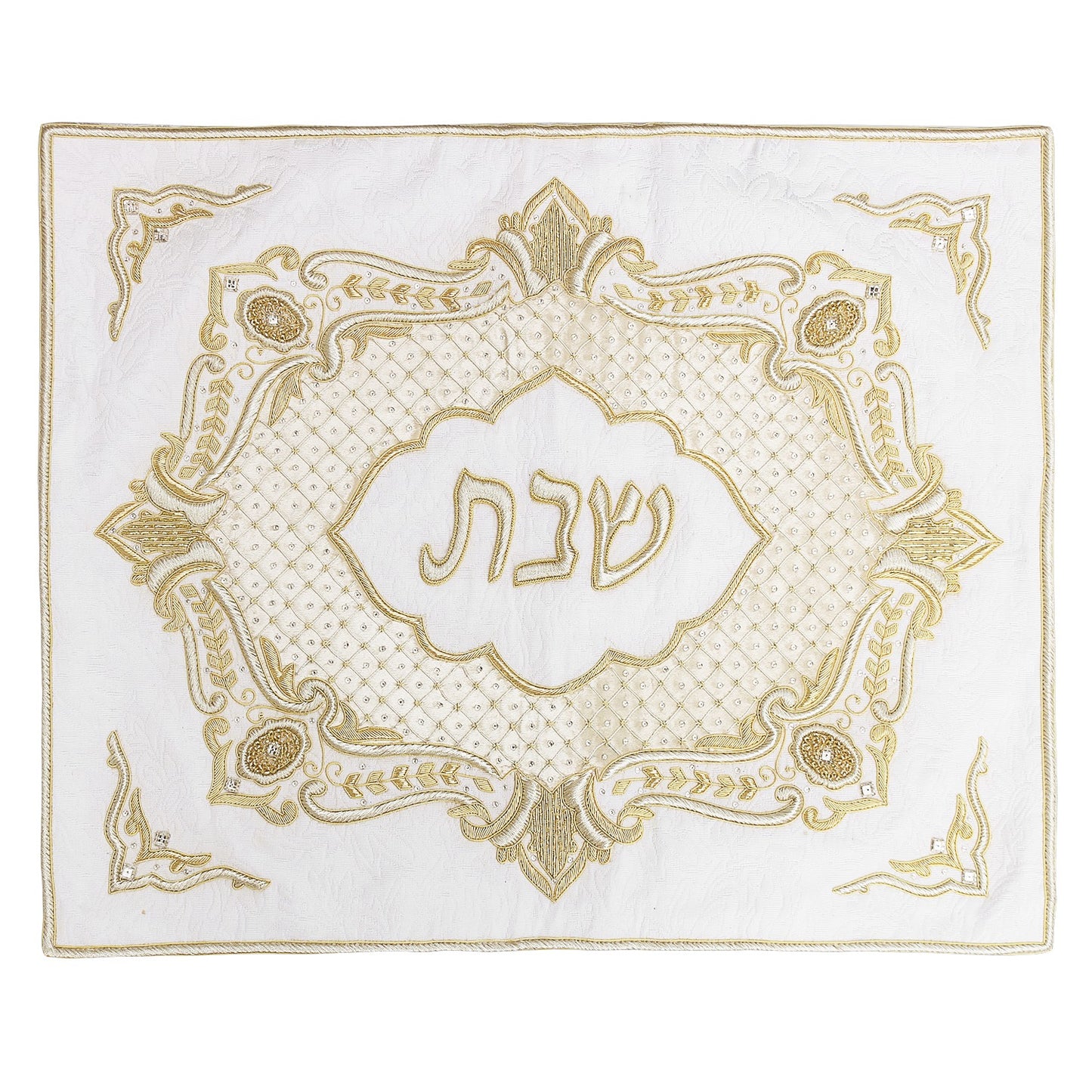 Challah Cover White Brocade Gold Embroidery With Crystals 23.5x20"