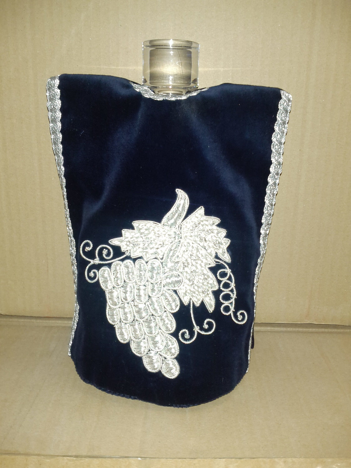 Bottle Cover Hand Embroidered Atarah Style Navy Grapes