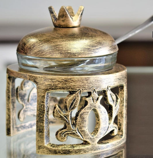 Honey Dish Pomegranate Shape Stainless Steel Brushed Gold On Stand w Spoon 3.5W x 4.5H"