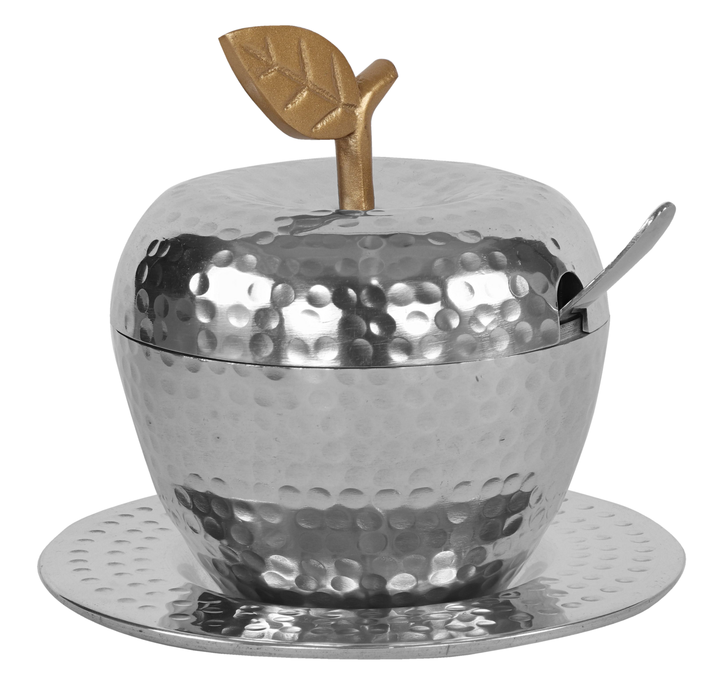 Honey Dish Apple Shape Stainless Steel Hammered Gold Leaf With Tray & Spoon