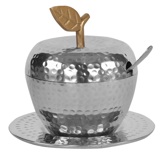 Honey Dish Apple Shape Stainless Steel Hammered Gold Leaf With Tray & Spoon