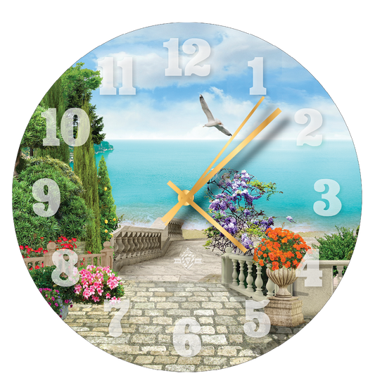 Round Glass Clock Ocean Beach Water Scenery 12"
