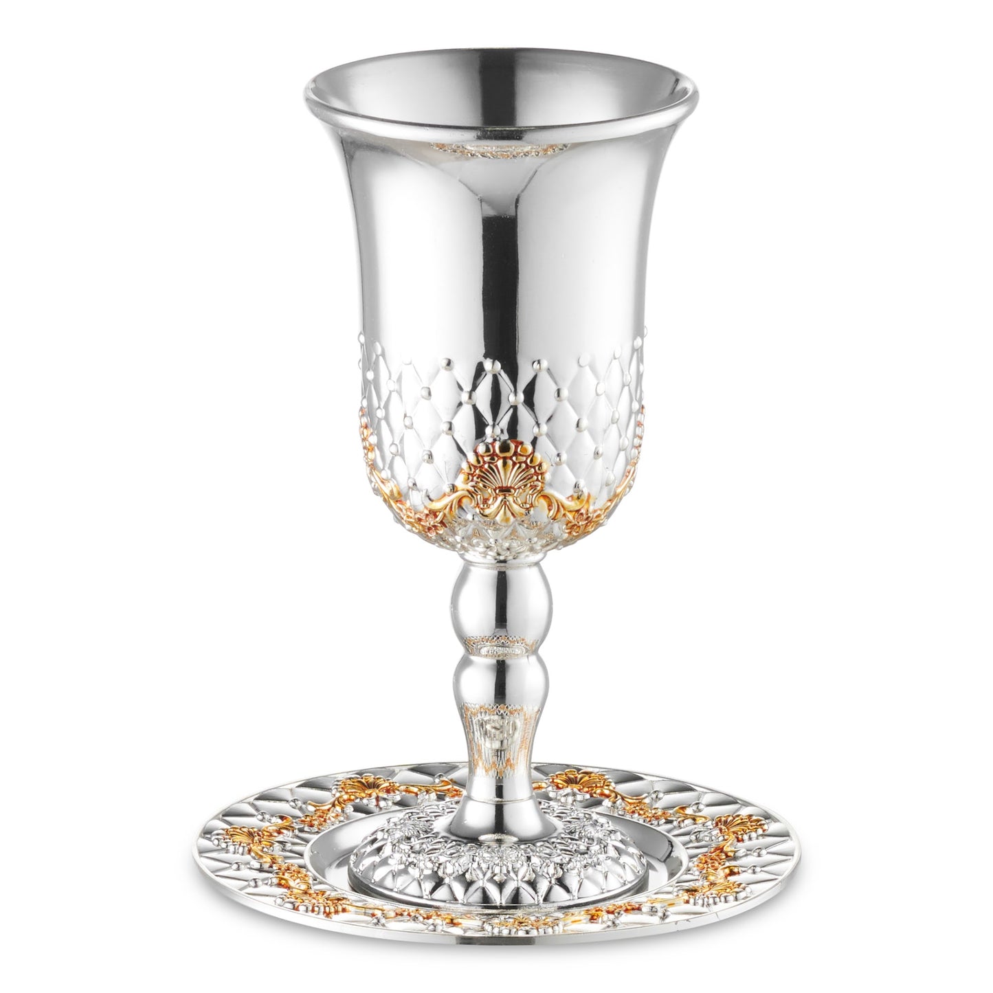 Kiddush Cup With Legs Set Silver Plated With Gold Flowers Cup 2x2x5.5", Plate 4.5"