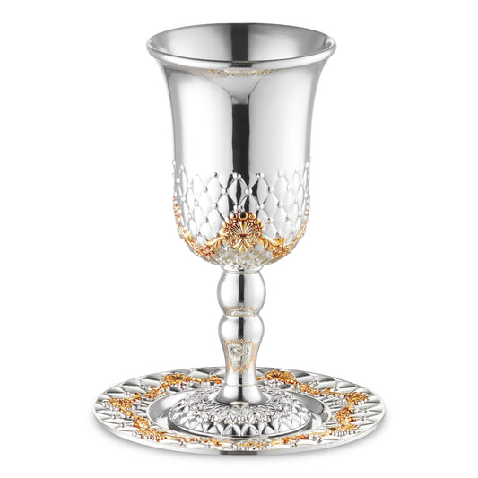 Kiddush Cup With Legs Set Silver Plated With Gold Flowers Cup 2x2x5.5", Plate 4.5"