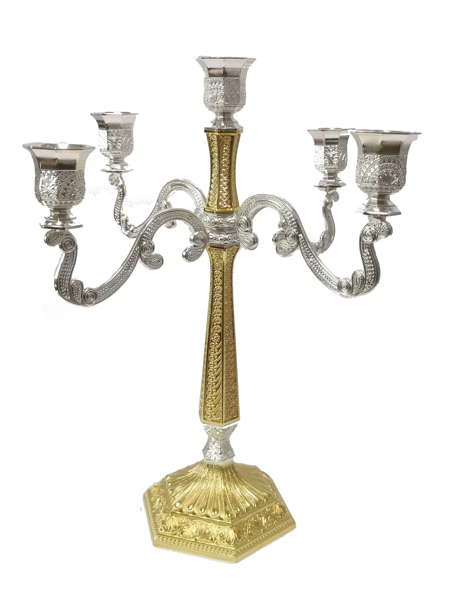 Silver & Gold Filigree Candelabra 5 Light 16"