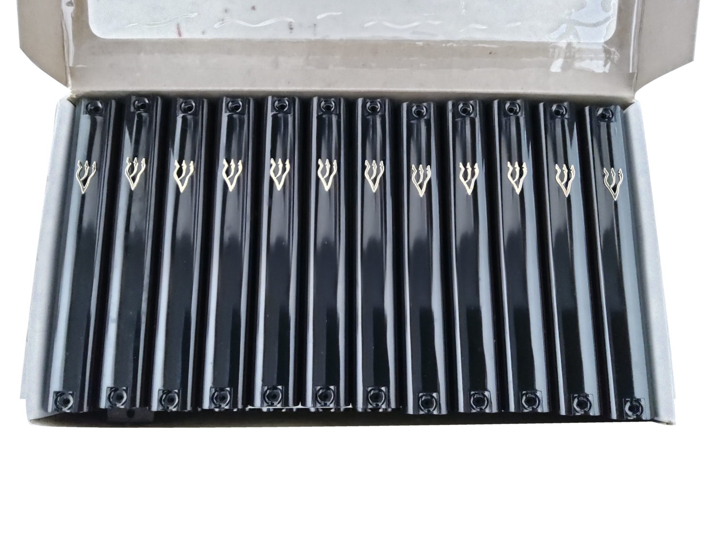Case of 32 Black Plastic Mezuzah Covers-Gold 'Shin 10 Cm
