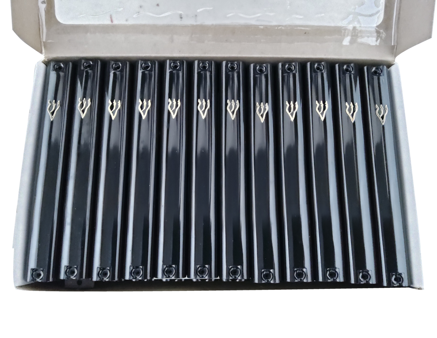Case of 24 Black Plastic Mezuzah Covers-Gold 'Shin 12 Cm