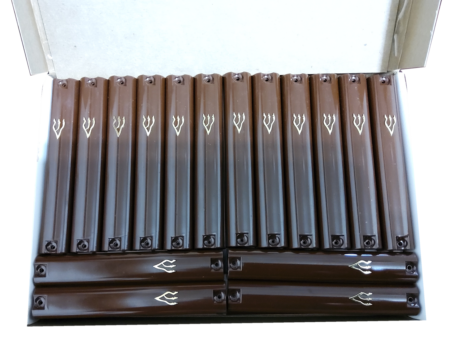 Case Of 32 Brown Plastic Mezuzah Covers-Gold 'Shin 10 Cm