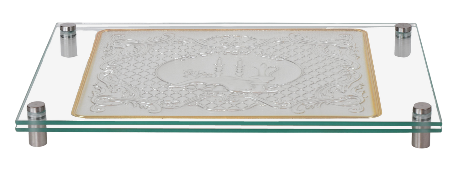 Glass Challah Board with Silver Shabbos Plate - Gold Rim