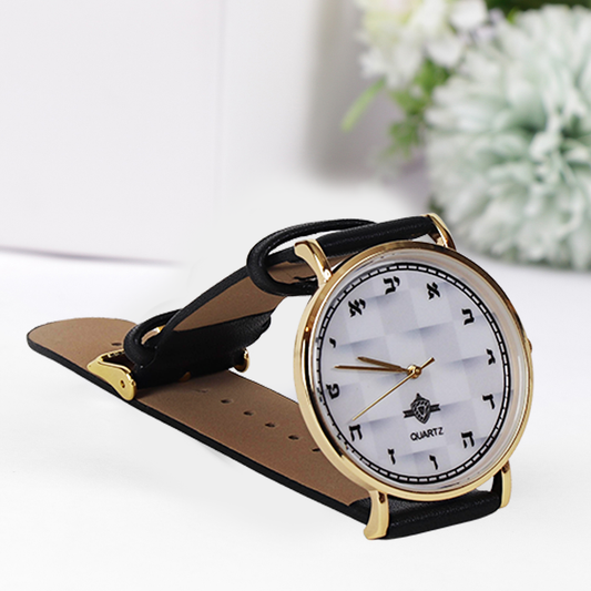 Watch -  with Aleph Bais" Black Handle Black 'n White face Gold rim